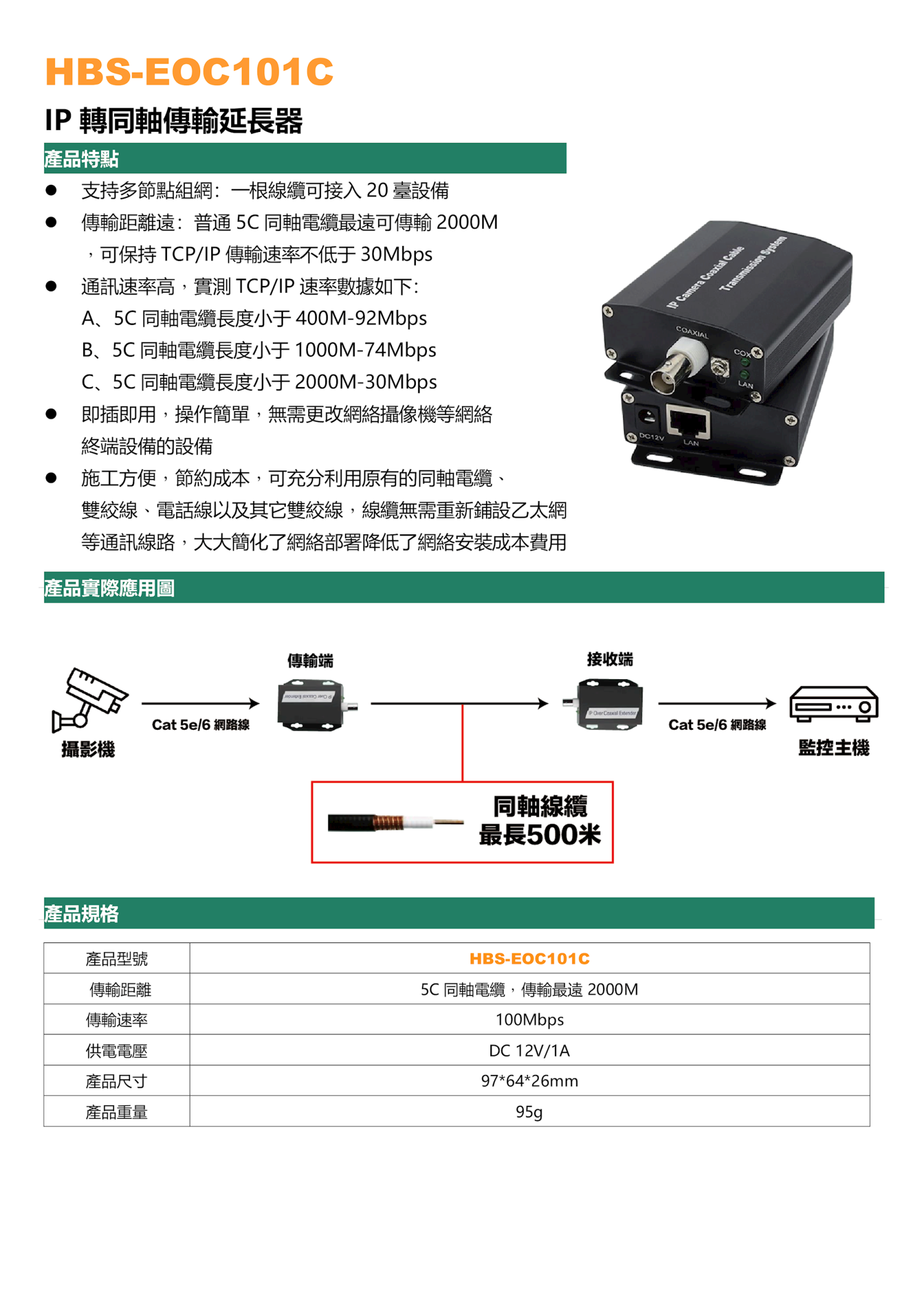 IP轉同軸延長器(EOC) HD-EOC101C