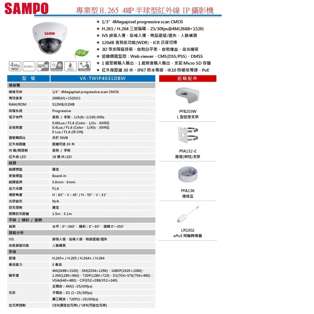 4MP IP攝影機 VK-TWIP4031DBW