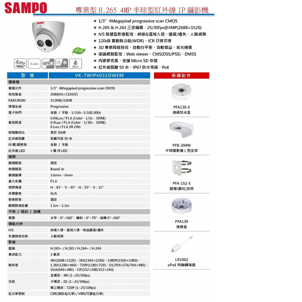 4MP IP攝影機 VK-TWIP4031DWEM