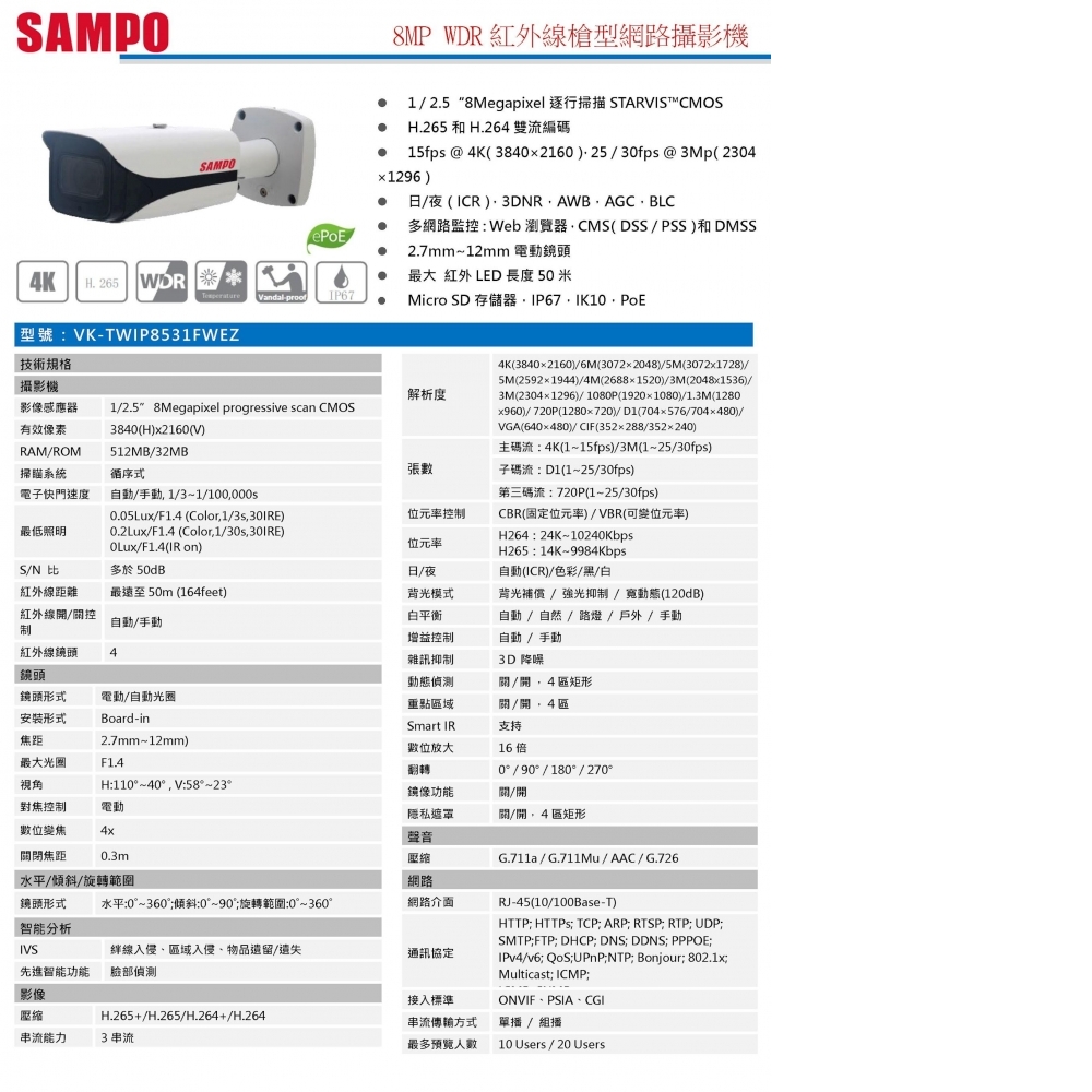 8MP IP攝影機 VK-TWIP8531FWEZ