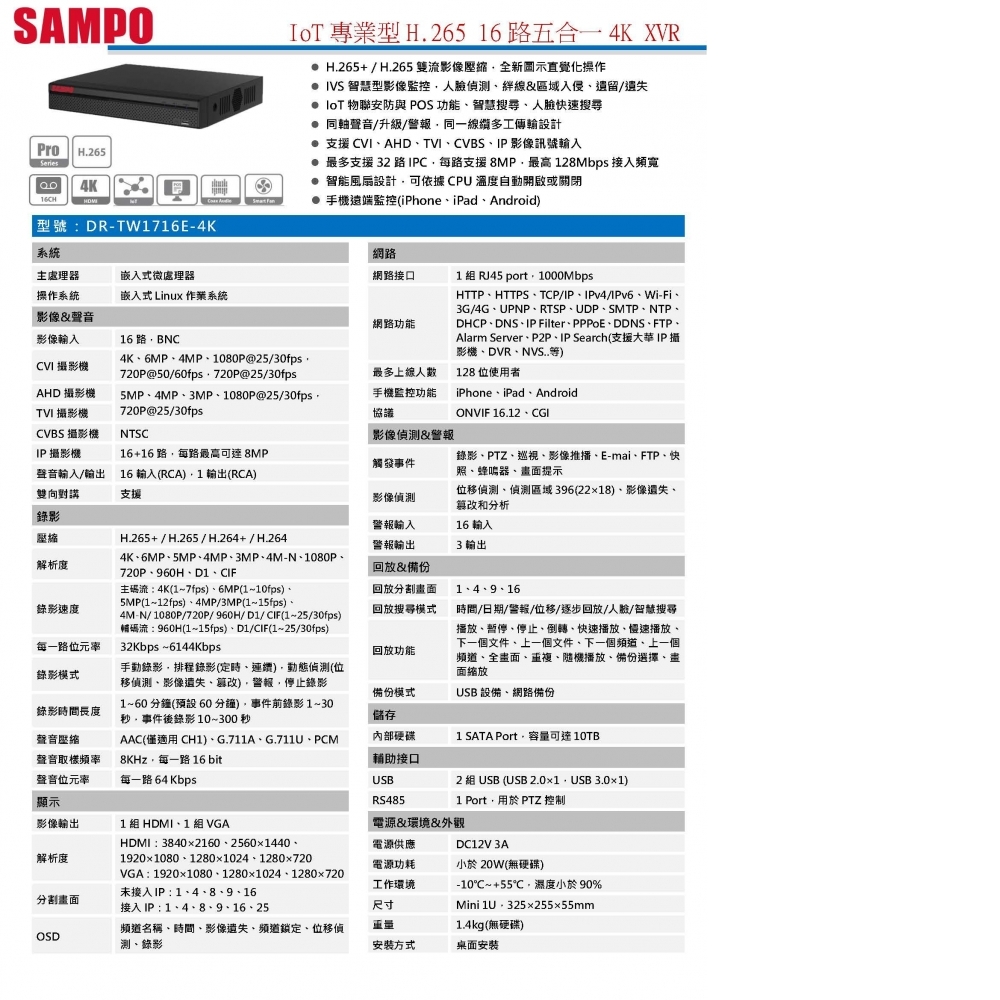 XVR(IoT專業型)數位錄影主機 DR-TW1716E-4K