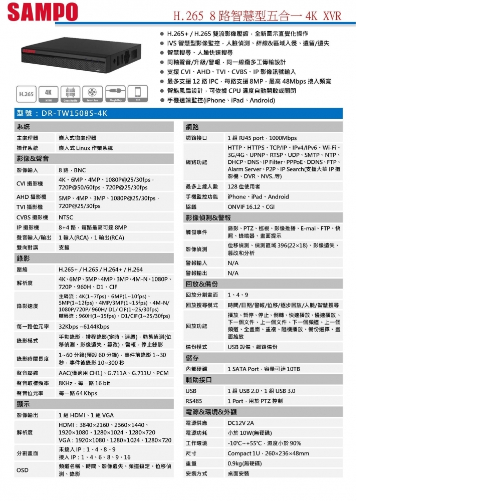 4K XVR數位錄影主機 DR-TW1508S-4K