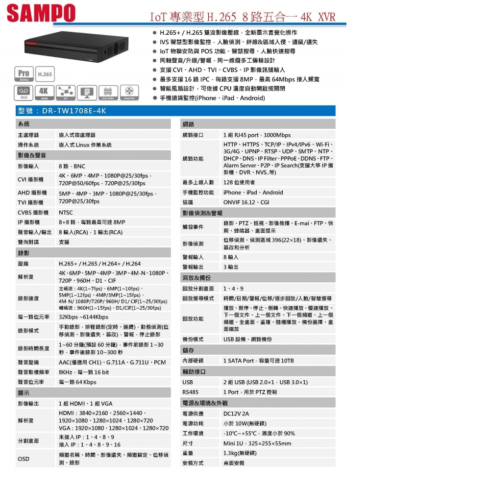 XVR(IoT專業型)數位錄影主機 DR-TW1708E-4K