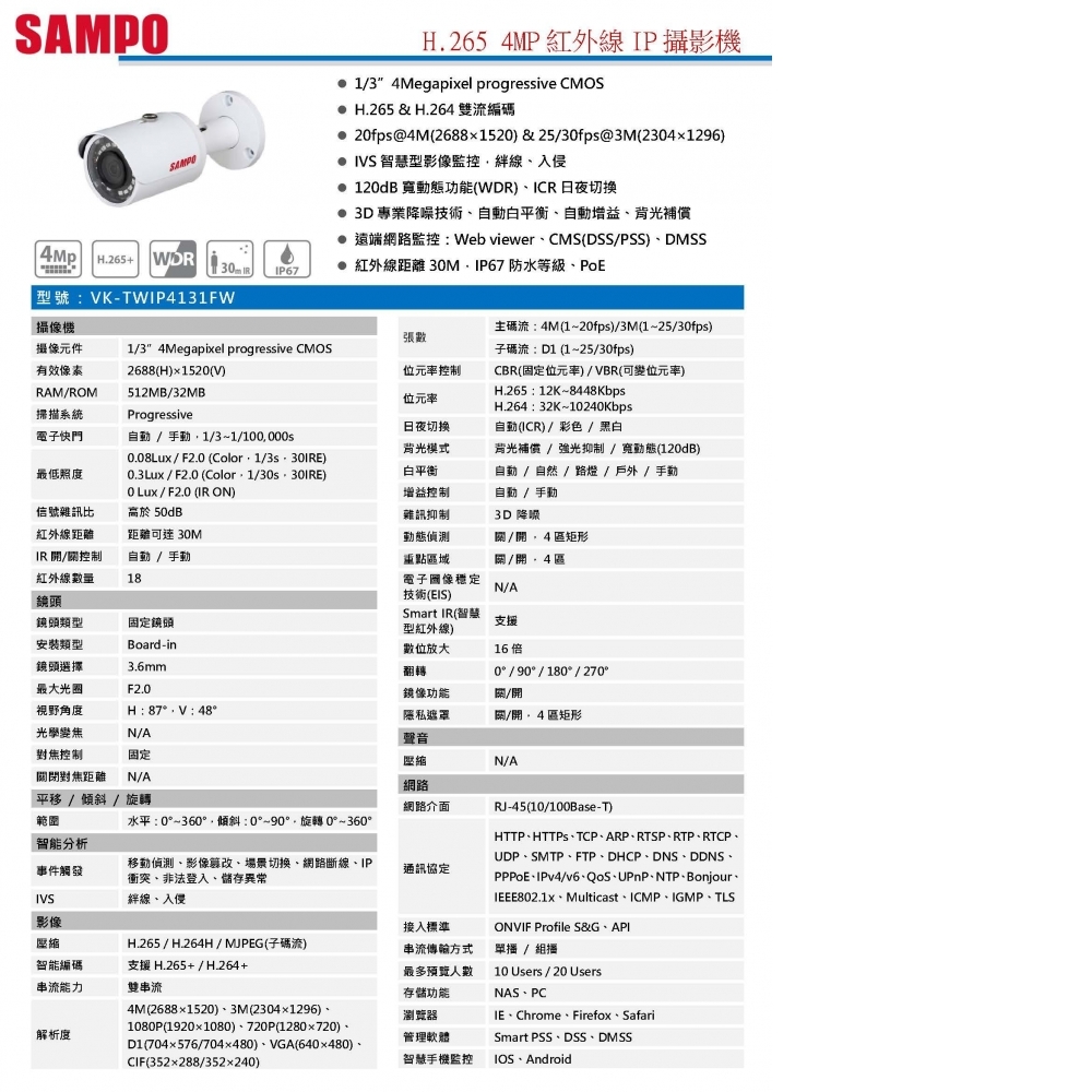 4MP IP攝影機 VK-TWIP4131FW