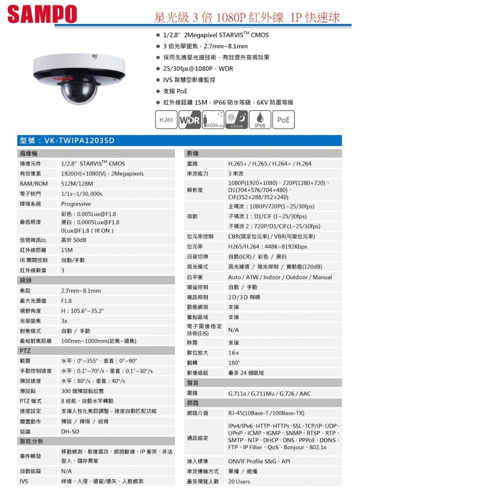 全功能型 IP攝影機 VK-TWIP1203SD